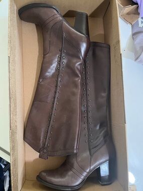 Brown Leather Knee-High Studded Boots